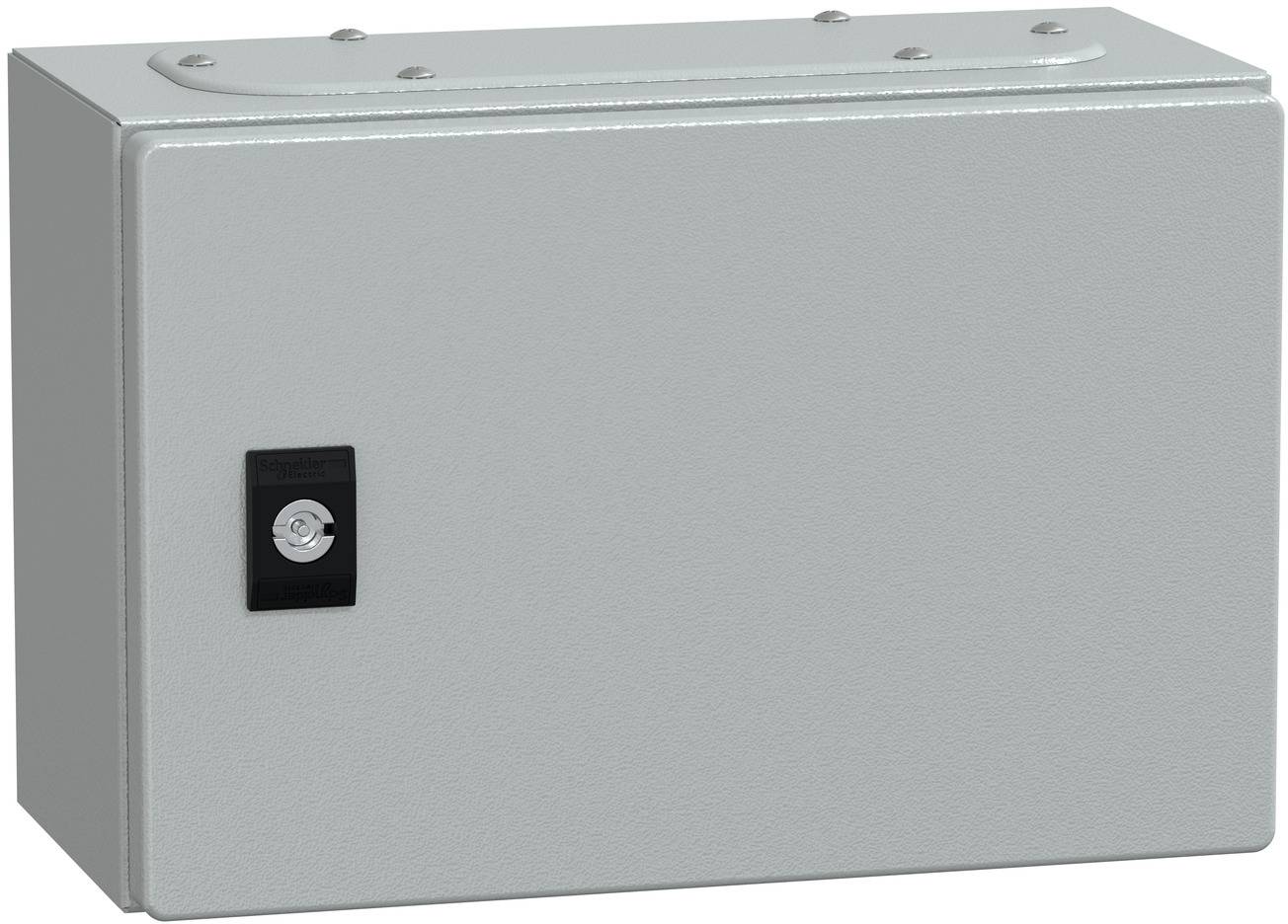 Graue Metall-Verteilerdose mit kleinem schwarzem Schlüsselverschluss an der Vorderseite