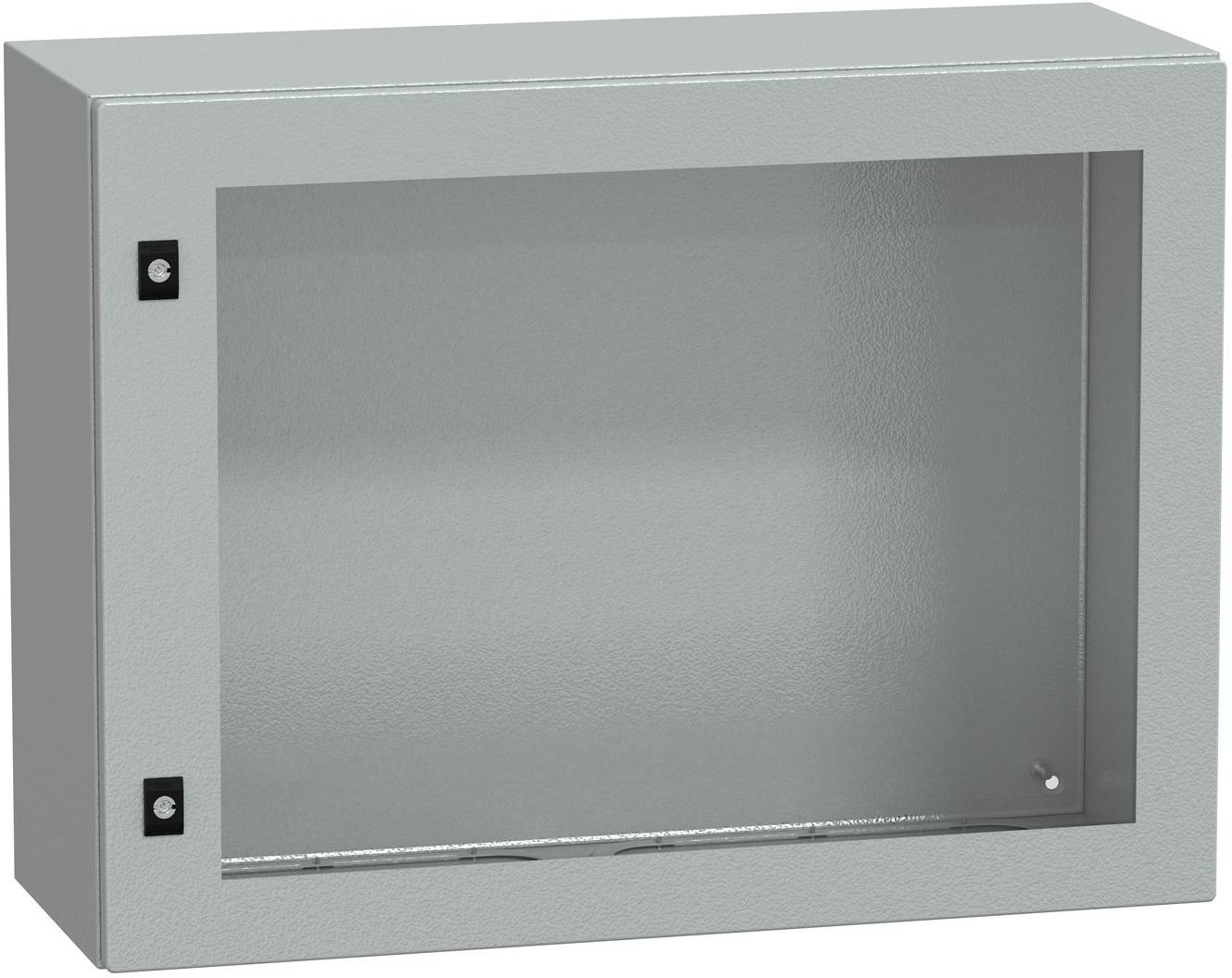 Grauer Metallschrank mit mattem Glastürfrontteil und sichtbaren Scharnieren, wahrscheinlich eine wandmontierte Aufbewahrungsanlage.