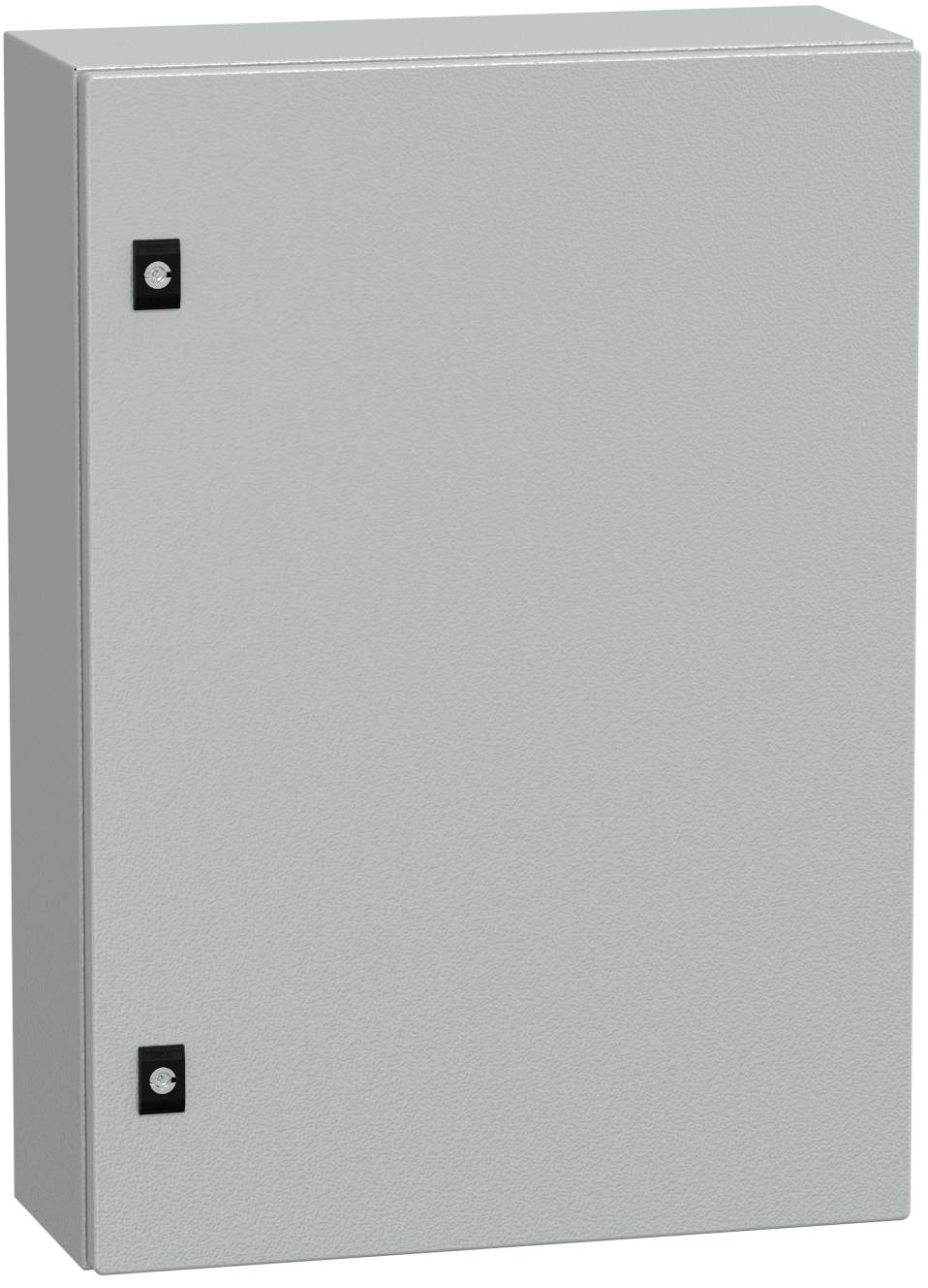 Schlichte graue Metall-Elektroschrank mit zwei schwarzen Riegelverschlüssen auf der linken Seite, gegen einen weißen Hintergrund abgebildet.