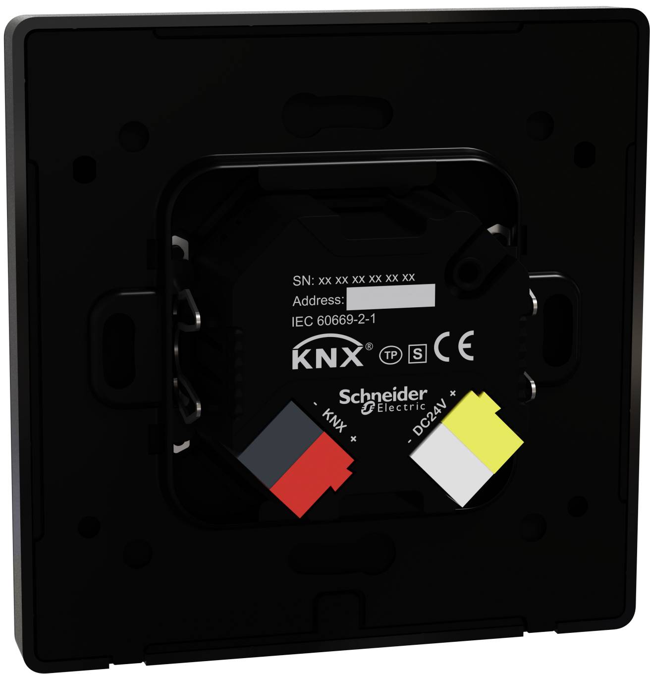 Rückansicht eines schwarzen Schneider Electric KNX-Wandmoduls mit beschrifteten Anschlüssen und Steckverbindern, die die Identifikations- und Zertifizierungsmarken des Geräts zeigen.