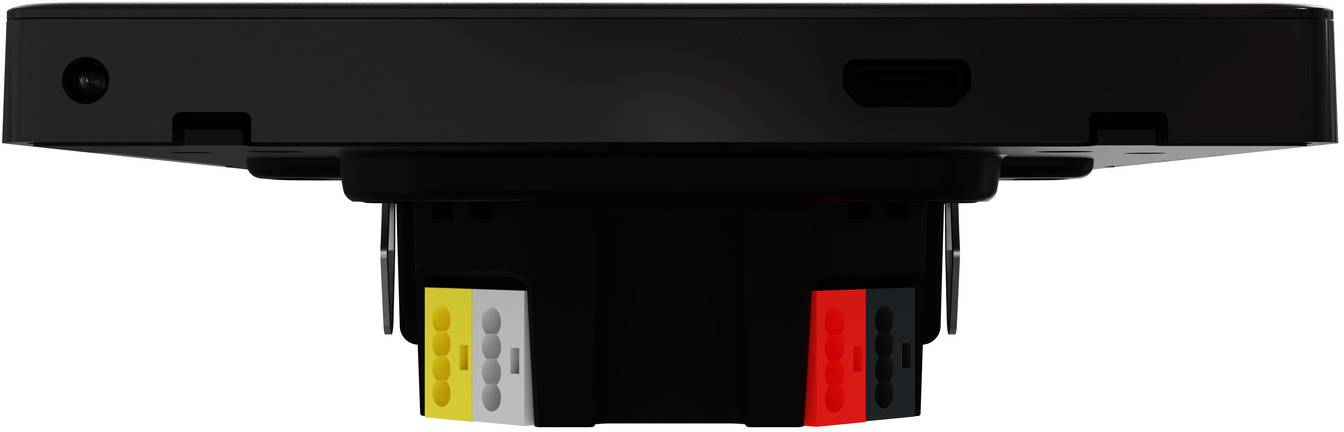 Nahaufnahme eines schwarzen elektronischen Steckverbinders mit gelben, grauen, roten und schwarzen beschrifteten Modulen darunter.