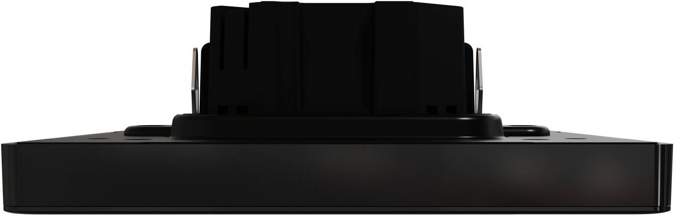 Schwarzes elektronisches Gerät mit breiter rechteckiger Basis und erhöhtem oberen Modul, auf weißem Hintergrund dargestellt.