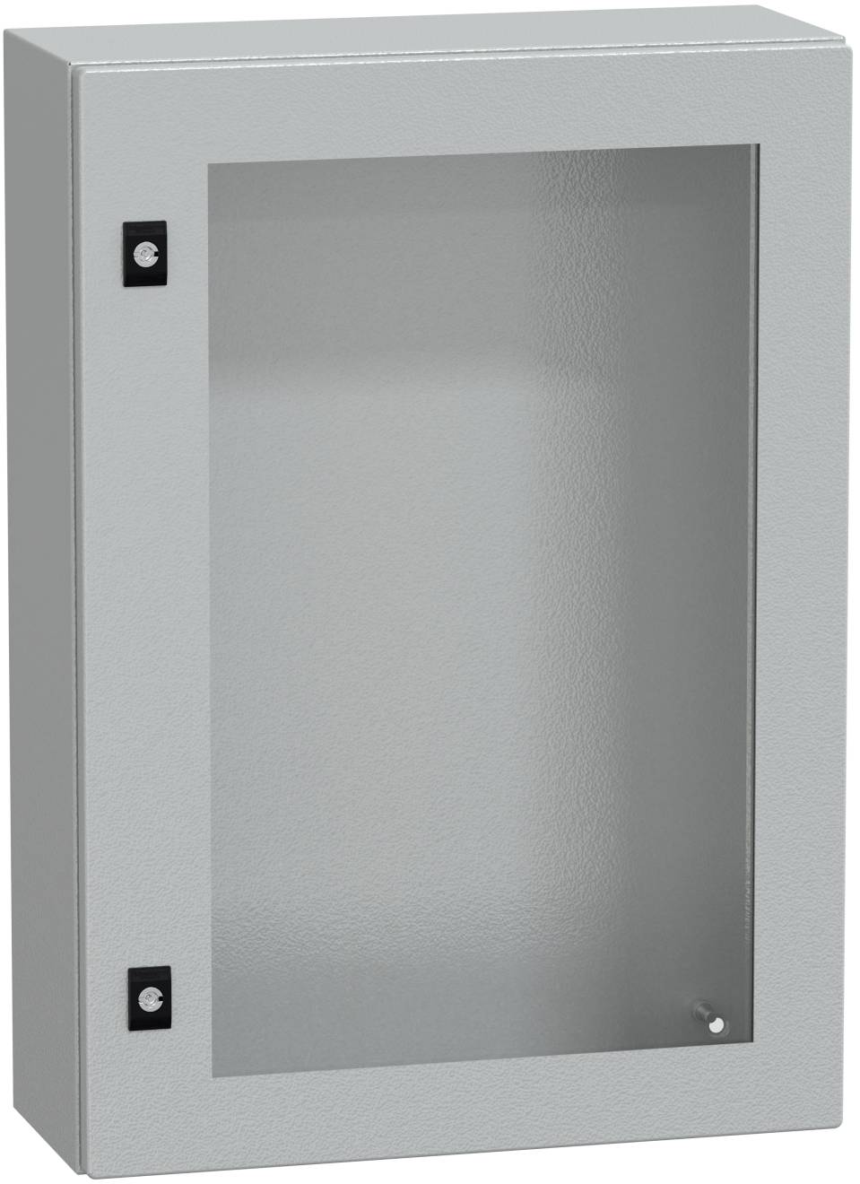 Graues Metall-Elektroverteilerschrank mit einer angelaufenen Glastür und kleiner Verschlusshardware.
