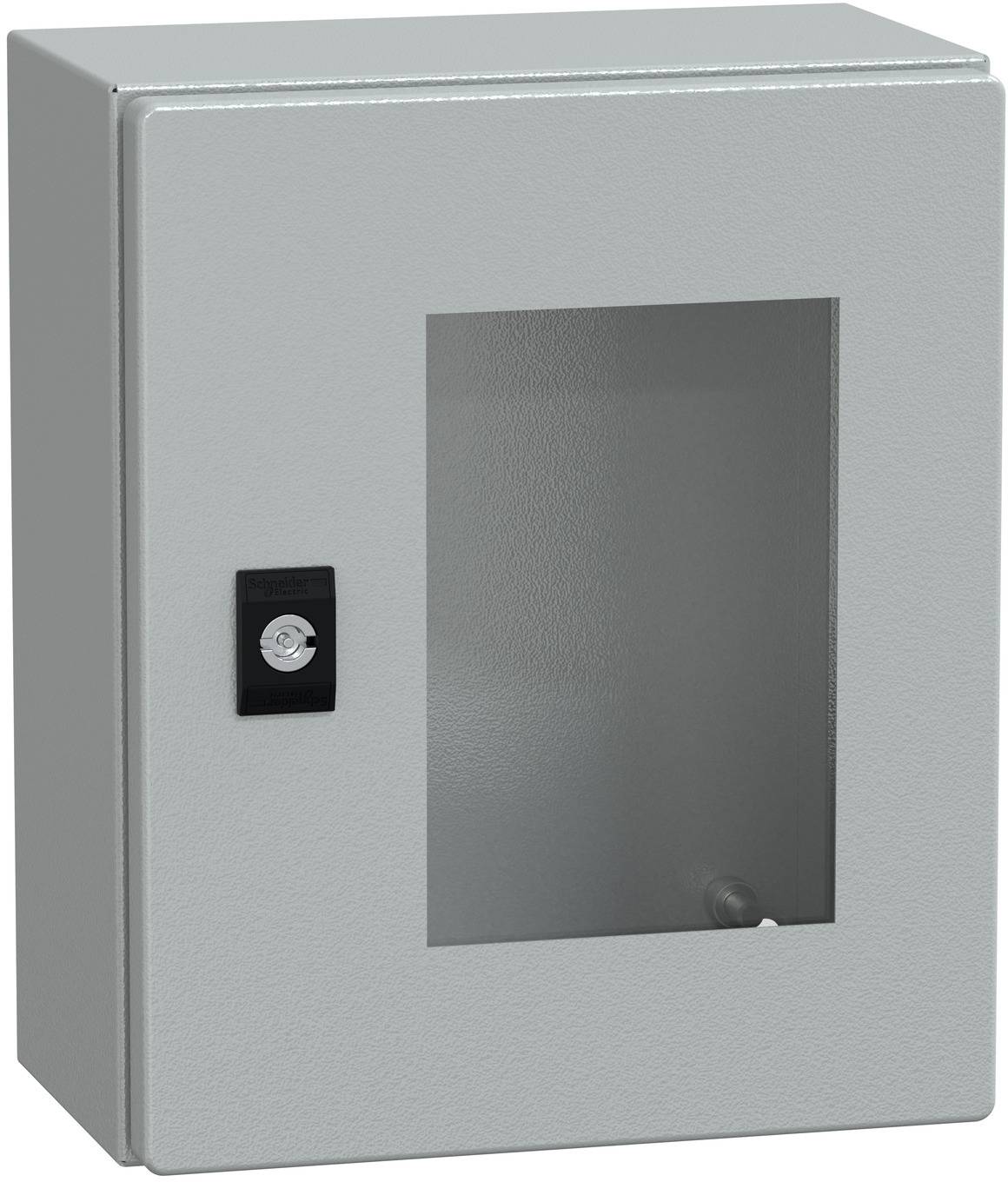 Grauer Metallwandschrank mit Glasschaufenster und kleinem Schloss an der Vorderseite, wahrscheinlich ein Elektro- oder Lagerschrank.