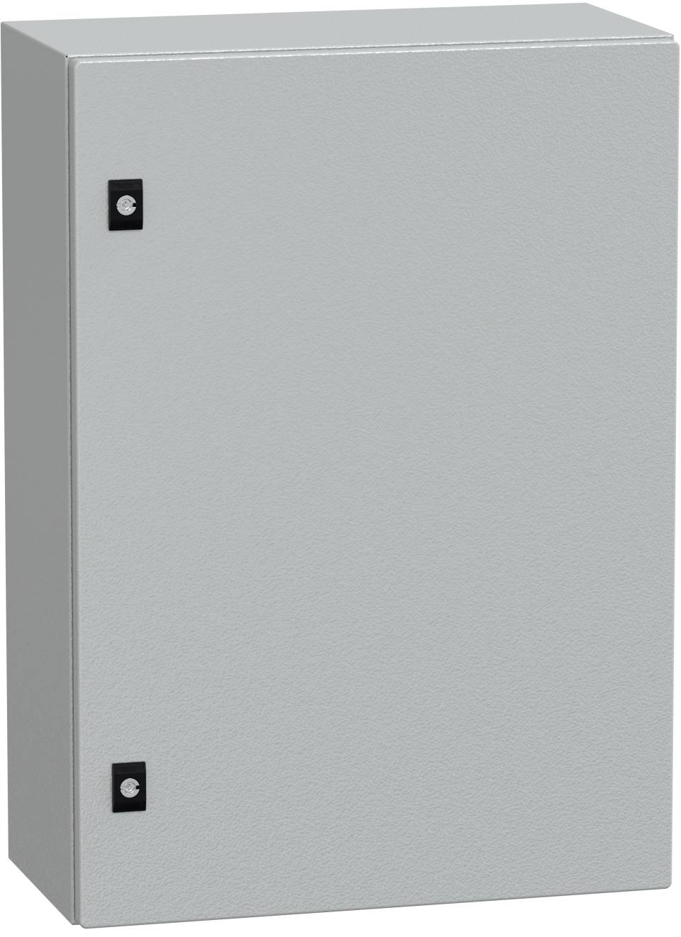 Grauer Metallschaltschrank mit einer schlichten Fronttür und zwei schwarzen Rigelscharnieren auf der linken Seite.