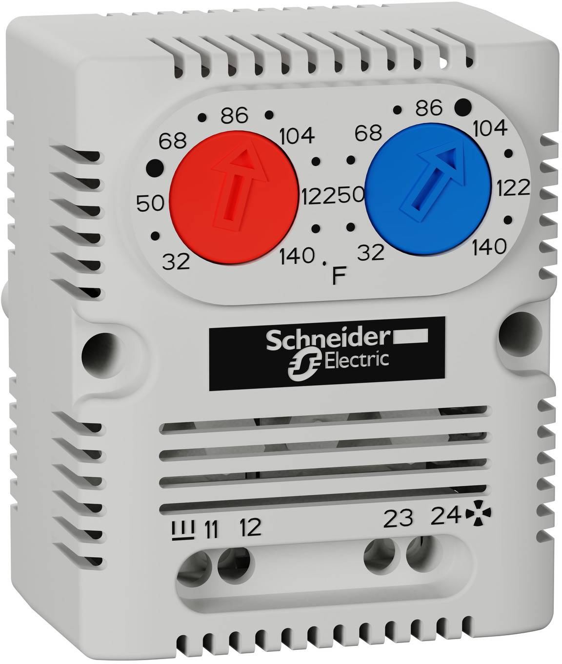 Schneider Electric Thermostat-Steuermodul mit zwei Einstellreglern, rot und blau, gekennzeichnet mit 32 bis 140°F und Anschlusspunktnummern 11, 12, 23, 24.