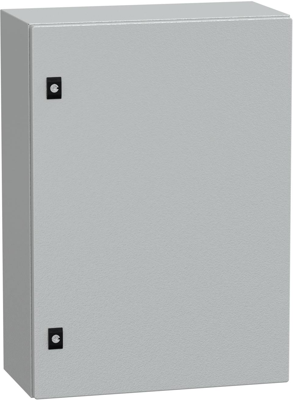 Geschlossener grauer Metallschrank oder elektrisches Gehäuse mit einer schlichten Vordertür und zwei schwarzen Scharnieren auf der linken Seite.