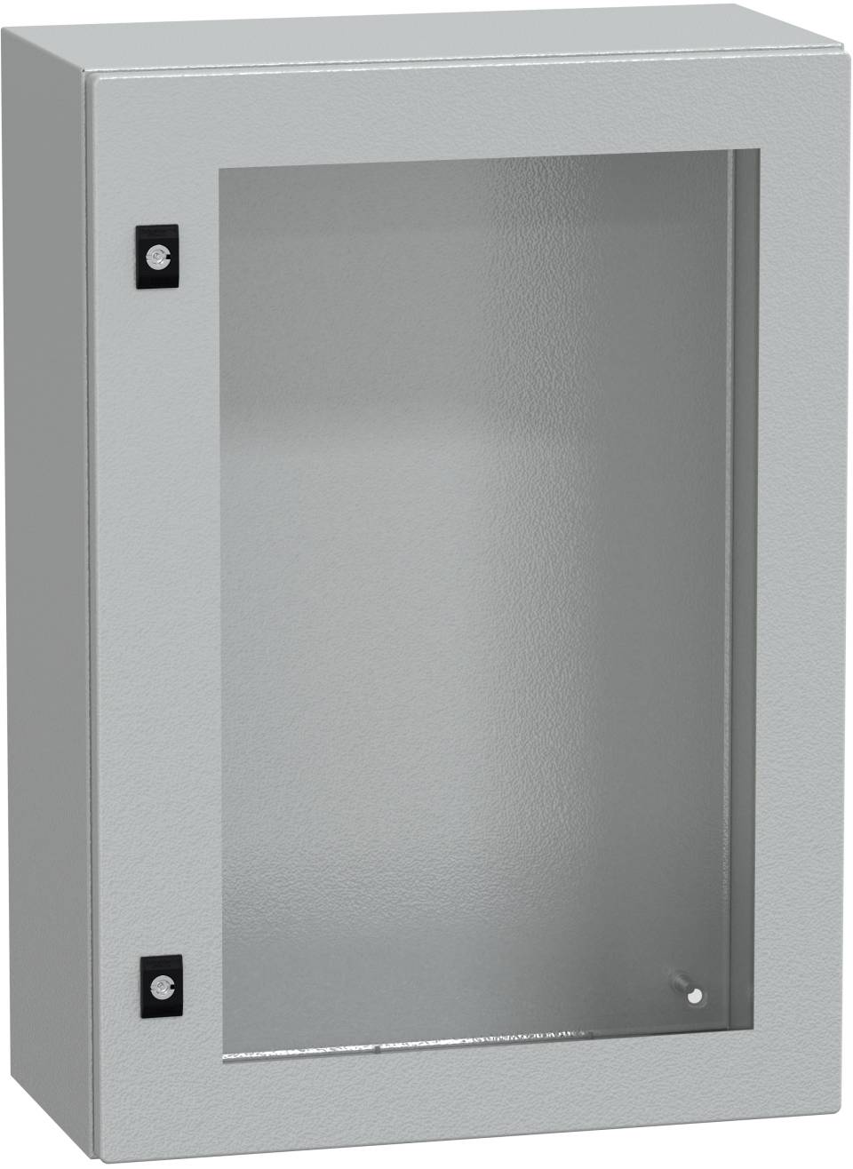 Grauer an der Wand montierter Metallschrank mit mattem Glastür und schwarzen Scharnieren, wahrscheinlich zur Lagerung von elektrischer Ausrüstung oder Versorgungseinrichtungen.