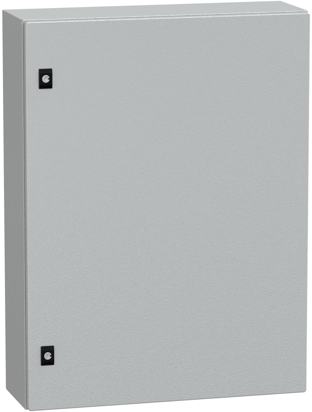 Graue Metallschrank-Tür mit zwei sichtbaren Scharnieren auf der linken Seite.