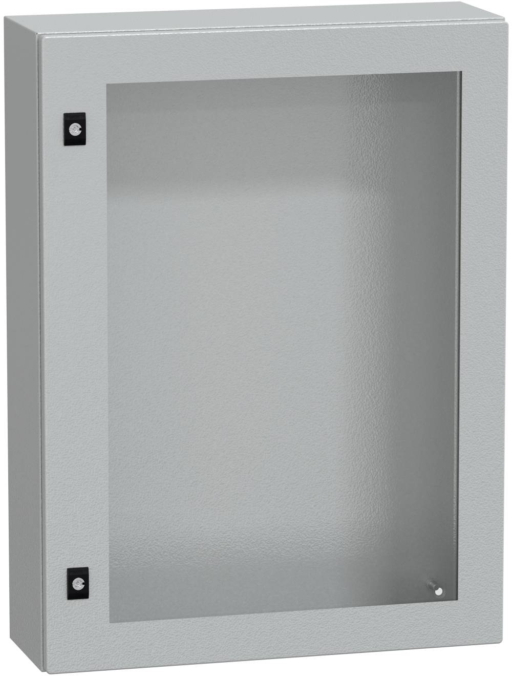 Grauer Metallwandschrank mit Glastür aus Mattglas, geschlossen und leer dargestellt, mit zwei schwarzen Scharnierplatten auf der linken Seite.