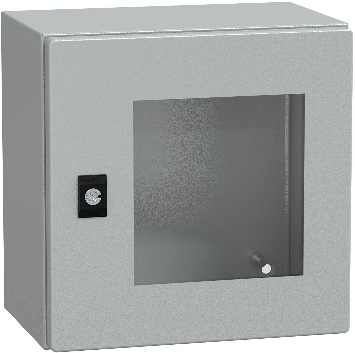 Grauer Metallwandschrank mit Glassichtfenster und kleinem Schloss auf der linken Seite.