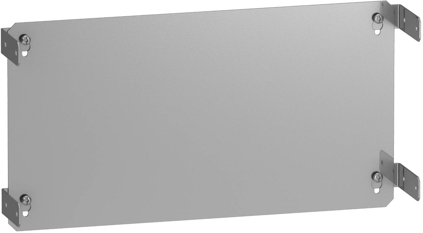 Ein einfaches graues rechteckiges Metallpanel mit Befestigungswinkeln und Schrauben an allen vier Ecken.