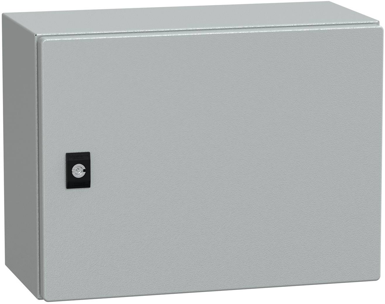Grauer Metallschrank für Elektroinstallationen mit einem kleinen schwarzen Schloss an der Vordertür.