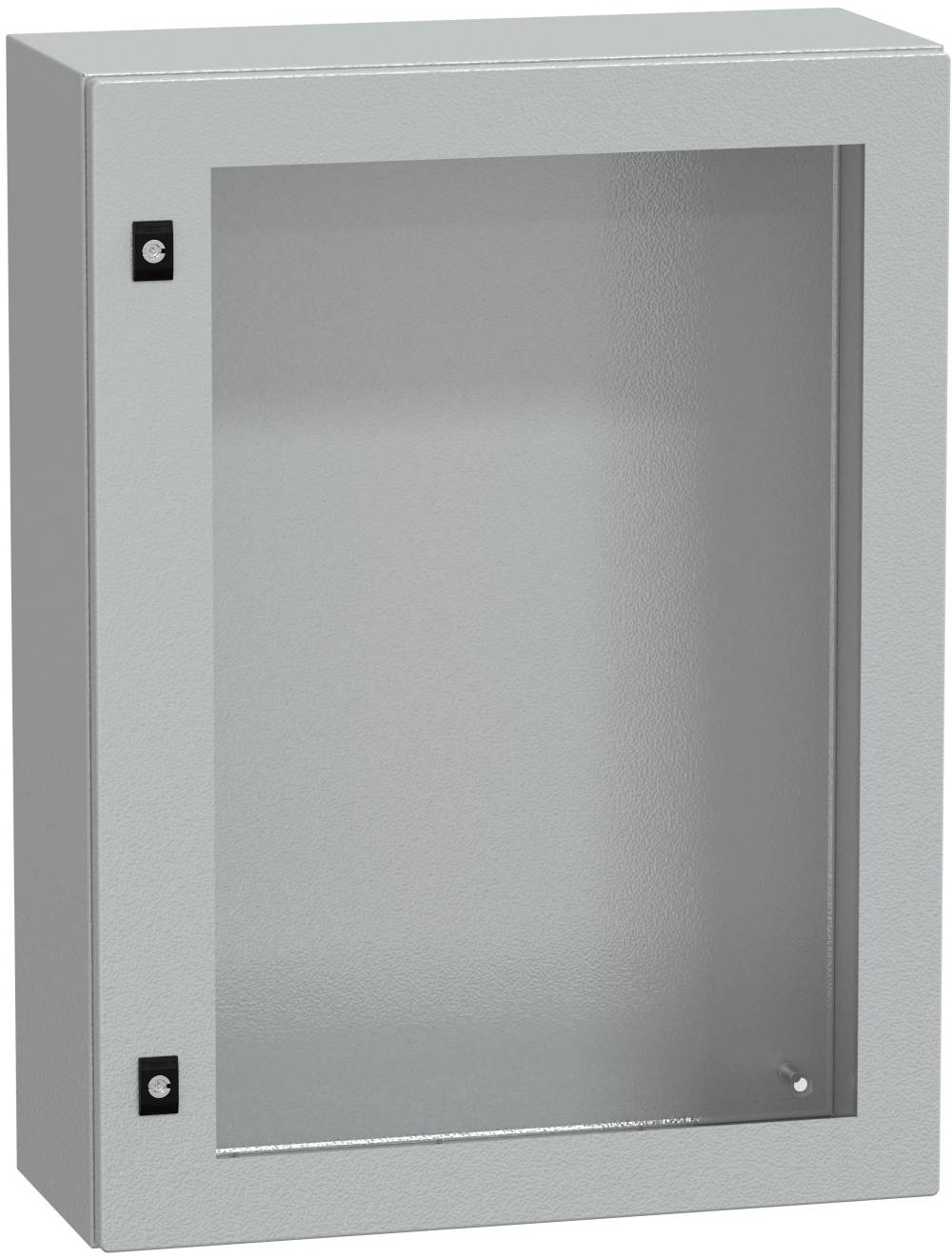 Grauer Metallwandschrank mit einer einzelnen Glastür und kleinem schwarzem Riegel, geschlossen gegen weißen Hintergrund dargestellt.