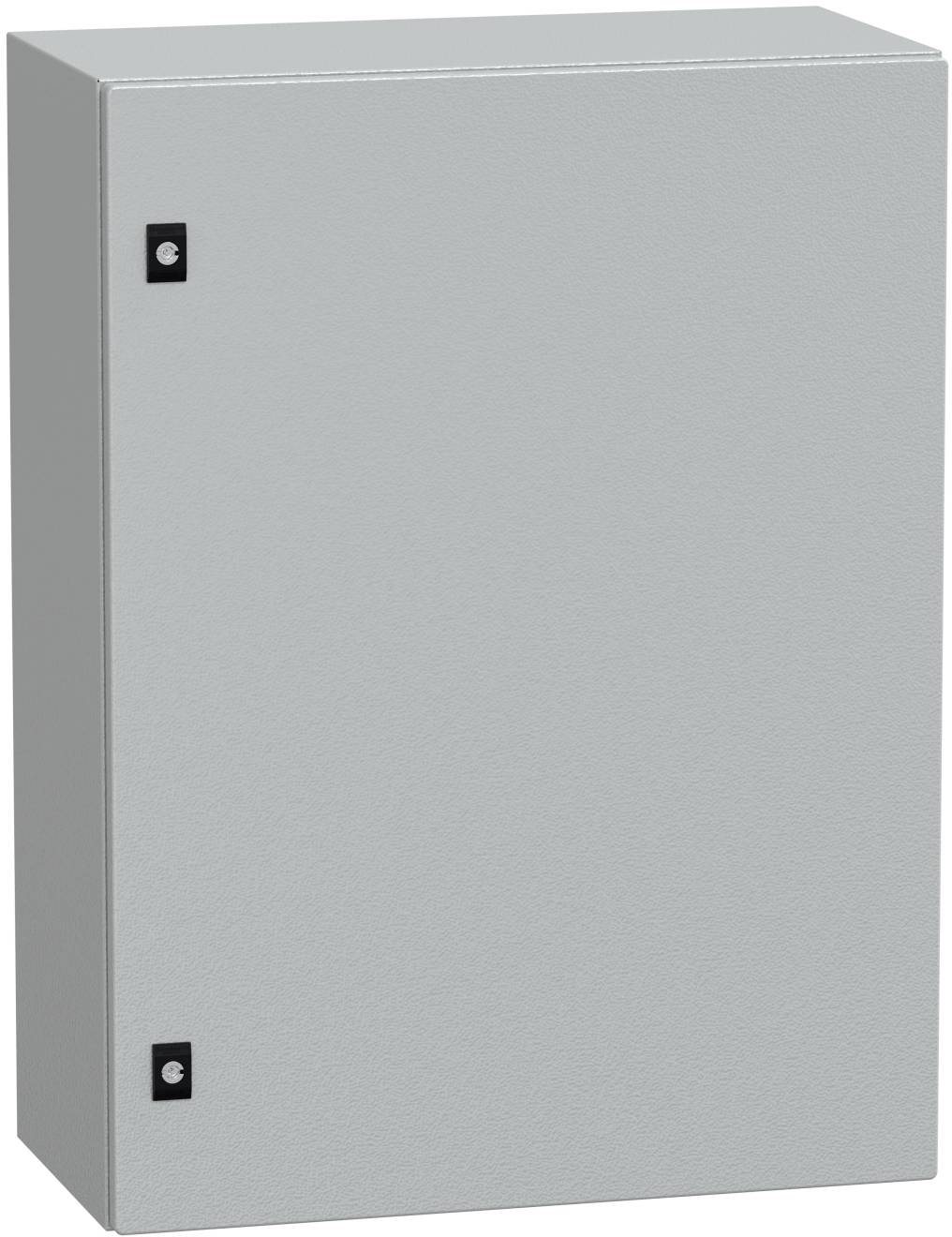 Einfacher grauer Metallschrank für Elektrik mit zwei kleinen schwarzen Verschlüssen auf der linken Seite der Tür.