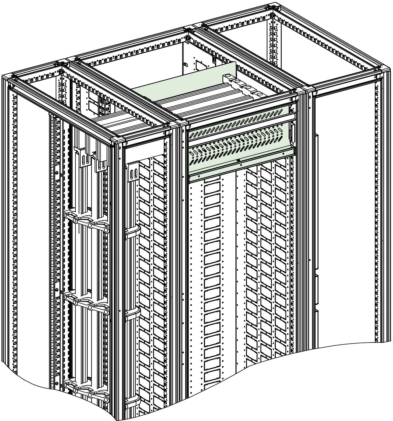 Isometrische technische Zeichnung eines Serverrack-Schranks mit offener Struktur, Kabelführungsschienen und montierten Patchpanelen im Inneren.