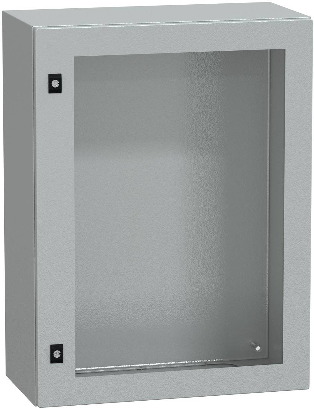 Geschlossener grauer Metallwandschrank mit einer Glastür und zwei sichtbaren Scharnieren, frontal betrachtet.