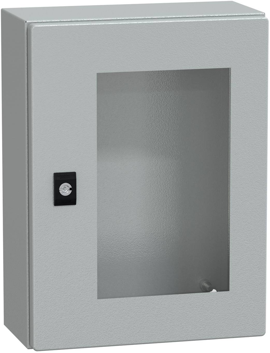 Grauer Metallwandschrank mit Glastür und schwarzem Riegel, geschlossen vor neutralem Hintergrund dargestellt.