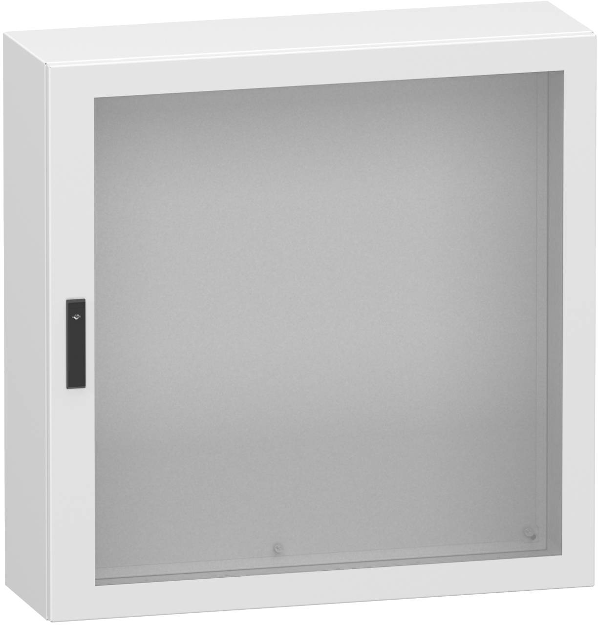 Weißer an der Wand montierter Metallschrank mit großer grauer Vordertür und kleinem schwarzem Seitenverschluss, geschlossen dargestellt.