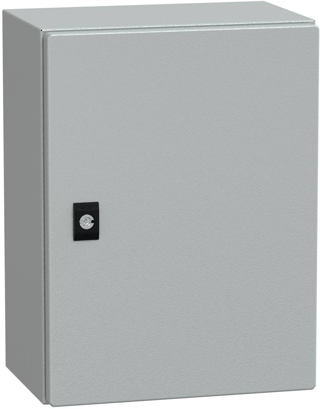 Grauer Metall-Elektrokontrollschrank mit einer kleinen schwarzen Verschlussvorrichtung an der Vorderseite.