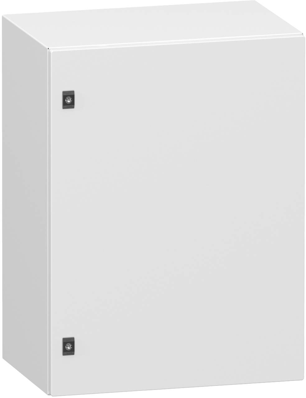 Weiß lackierter Elektroschrank mit Vordertür und zwei sichtbaren Scharnieren auf der linken Seite.
