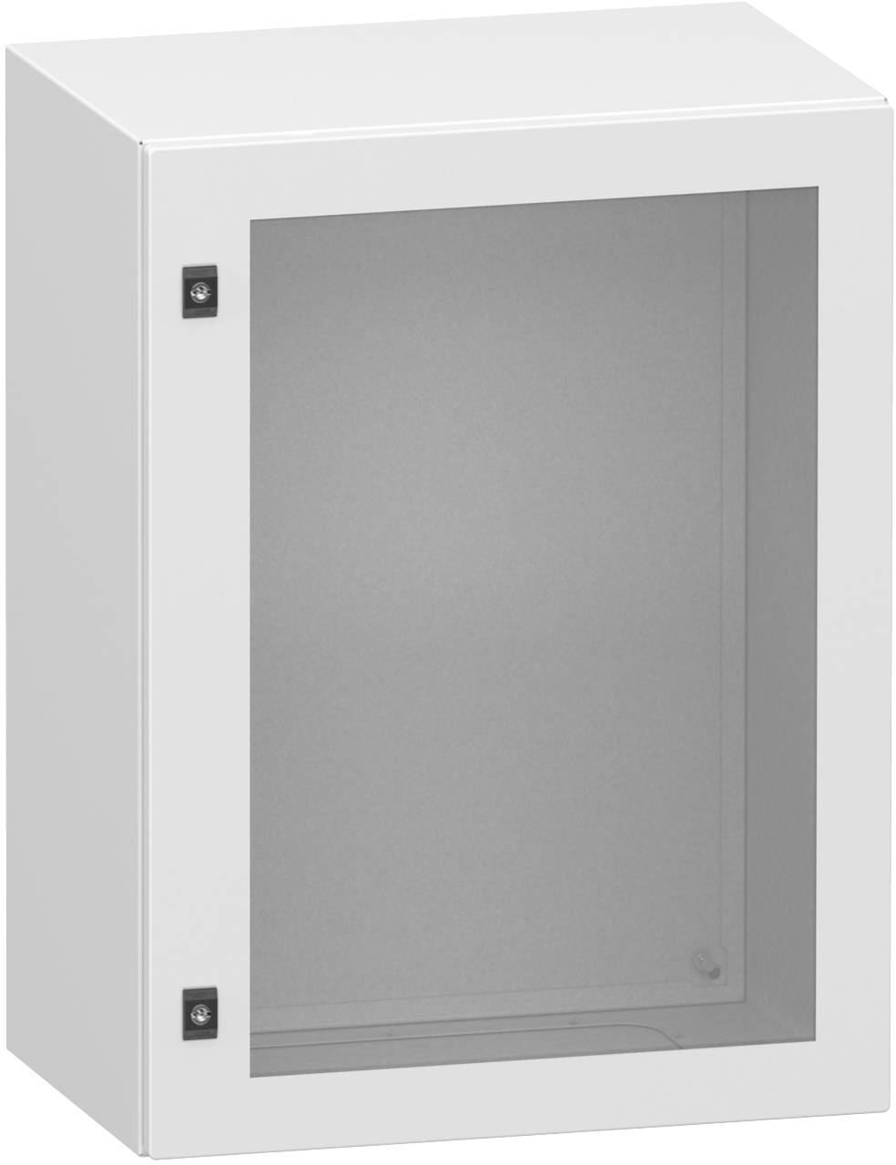 Weißer wandmontierter Schrank mit einer matter Glastür und zwei sichtbaren Scharnieren auf der linken Seite.