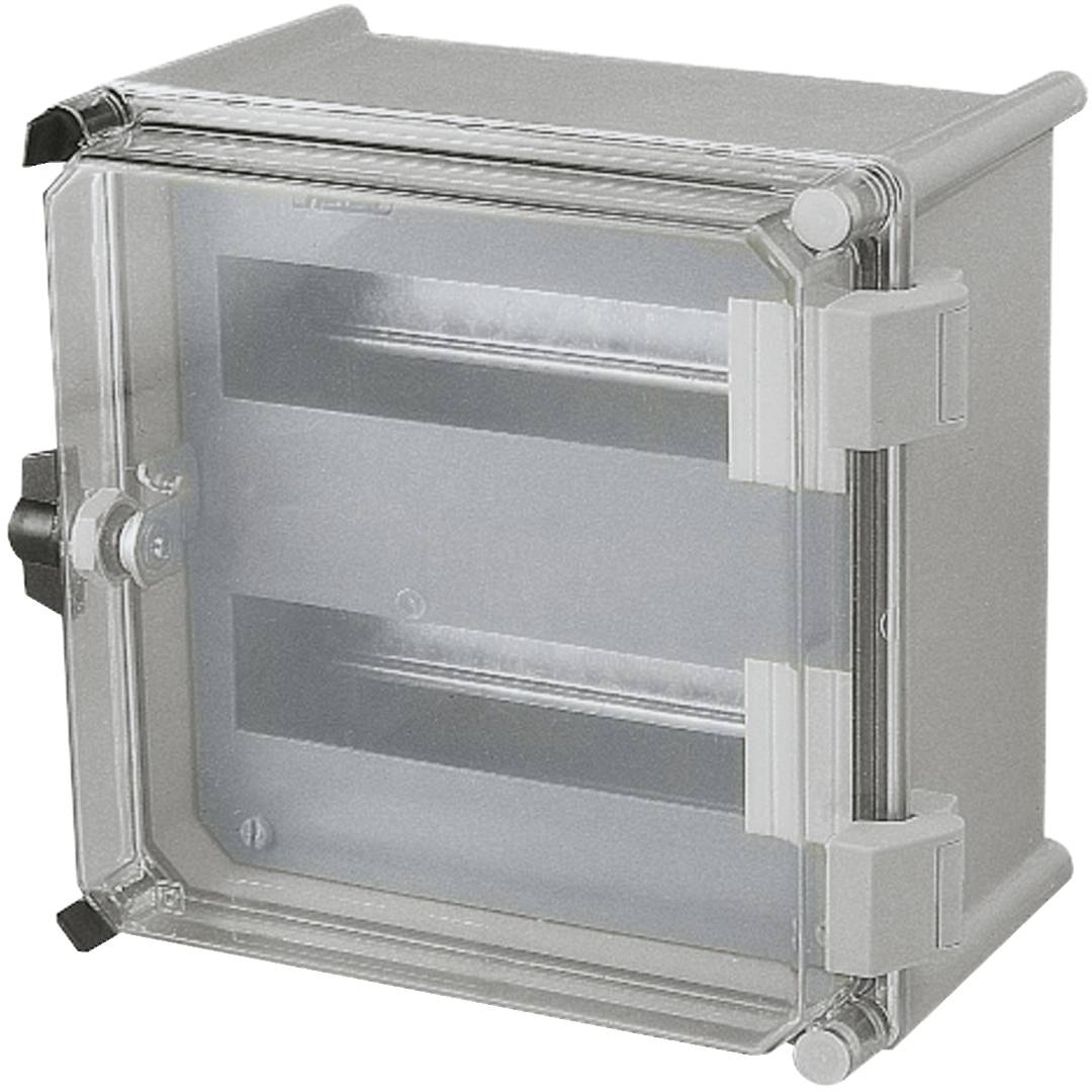 Transparente Elektrosteuergehäuse mit zwei horizontalen DIN-Schienen, versiegeltem Scharnierdeckel und seitlichen Verschlüssen.