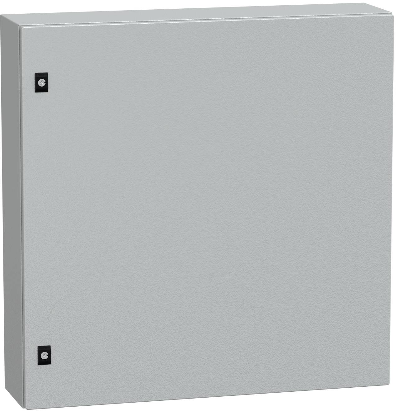 Grauer Metall-Elektroverteiler mit zwei schwarzen Verschlüssen auf der linken Seite, geschlossen vor einem weißen Hintergrund dargestellt.