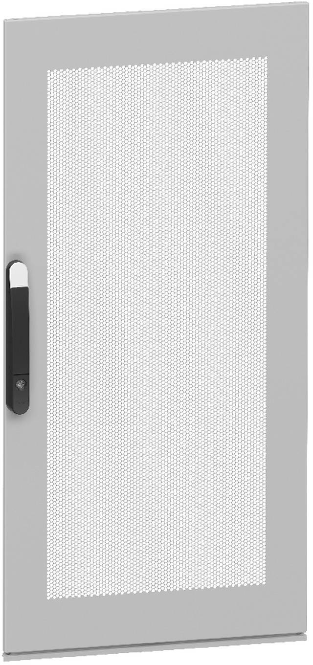 Geschlossener Schrank oder Tür mit grauem Mesh-Front und schwarzem vertikalem Griff auf der linken Seite.