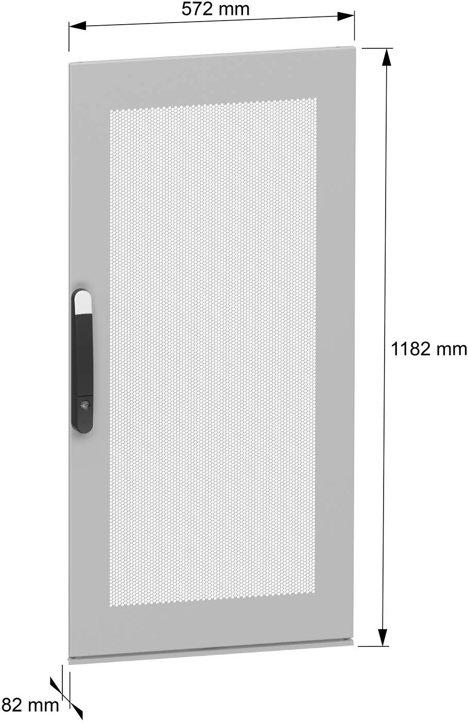 Graues perforiertes Metallturpanel mit Griff, dargestellt mit Abmessungen von 572 mm Breite, 1182 mm Höhe und 82 mm Tiefe.