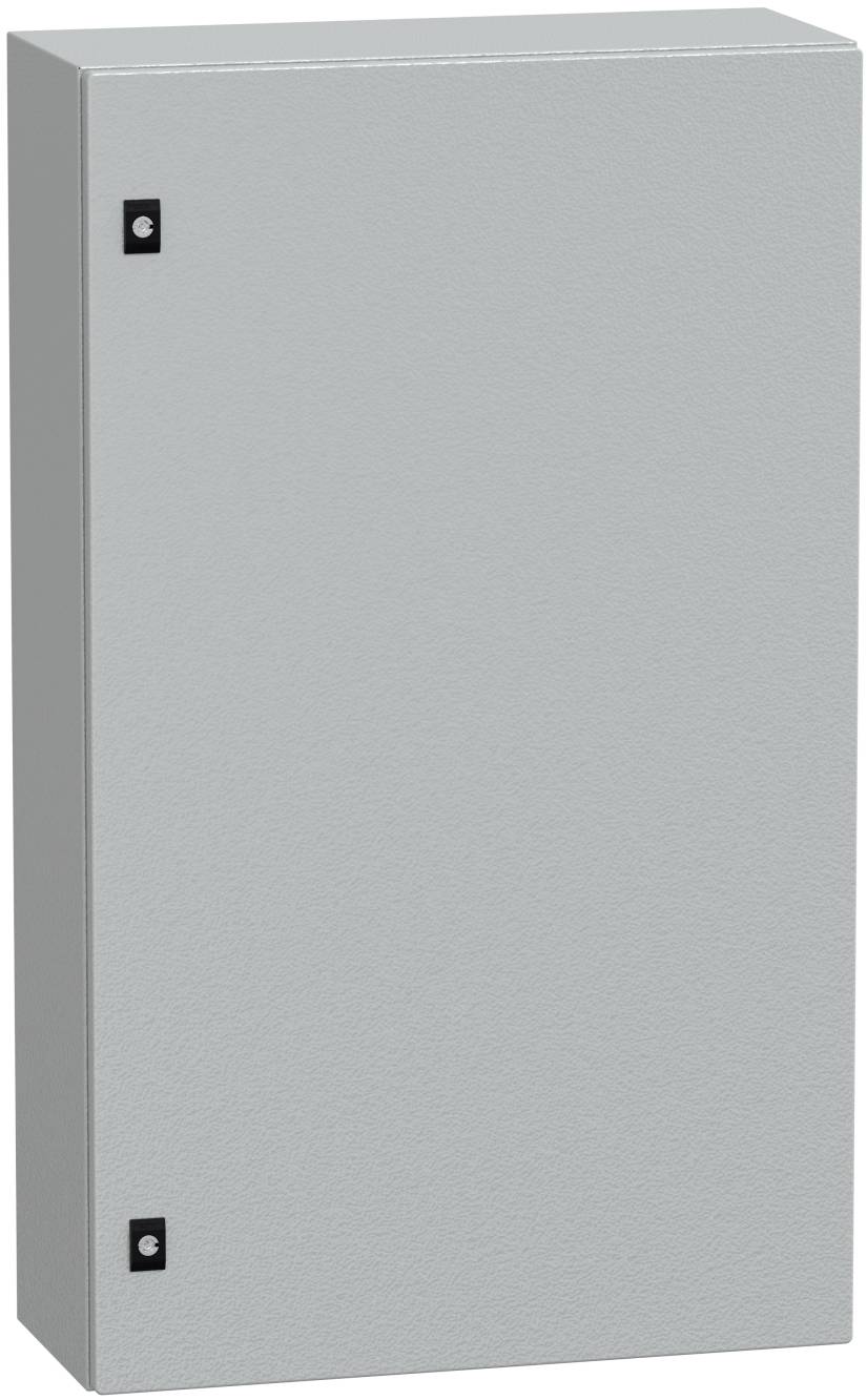 Silbernes Metallschaltschrank-Gehäuse mit ebener Frontplatte und zwei schwarzen Verschlusspunkten