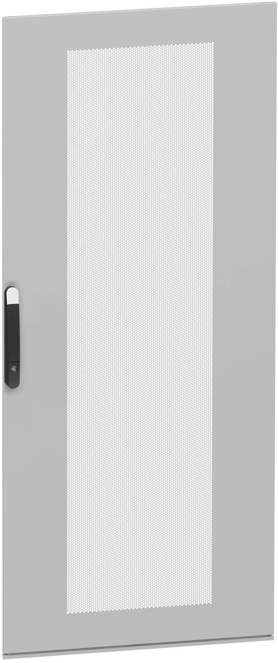 Graue Schrankstür mit hohem mattiertem Glaspanel und schwarzem vertikalem Griff auf der linken Seite