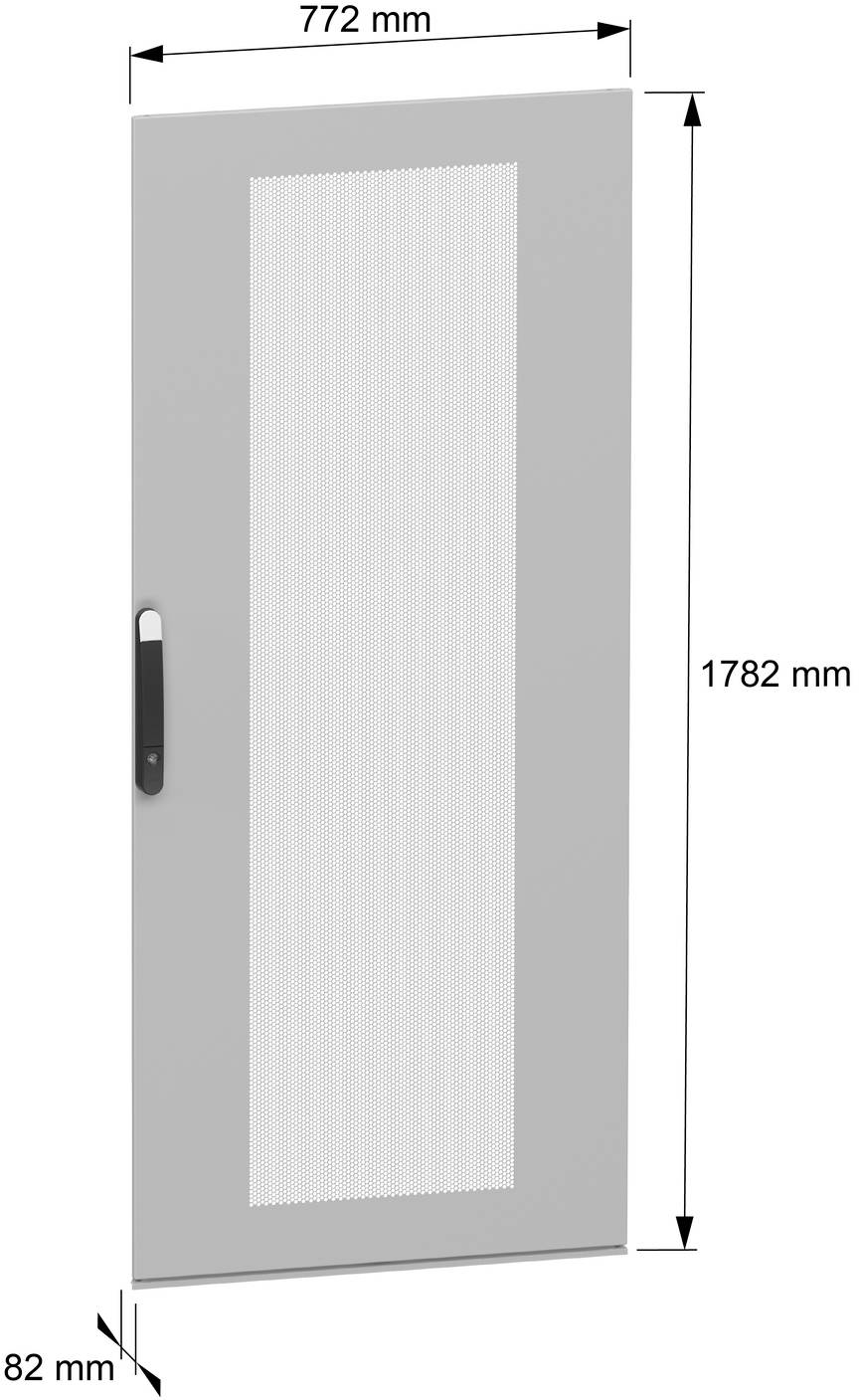 Einzelne graue Tür mit hohem mattiertem Glaspanel und schwarzem Griff, gezeigt mit Abmessungen von 772 mm Breite, 1782 mm Höhe und 82 mm Tiefe.