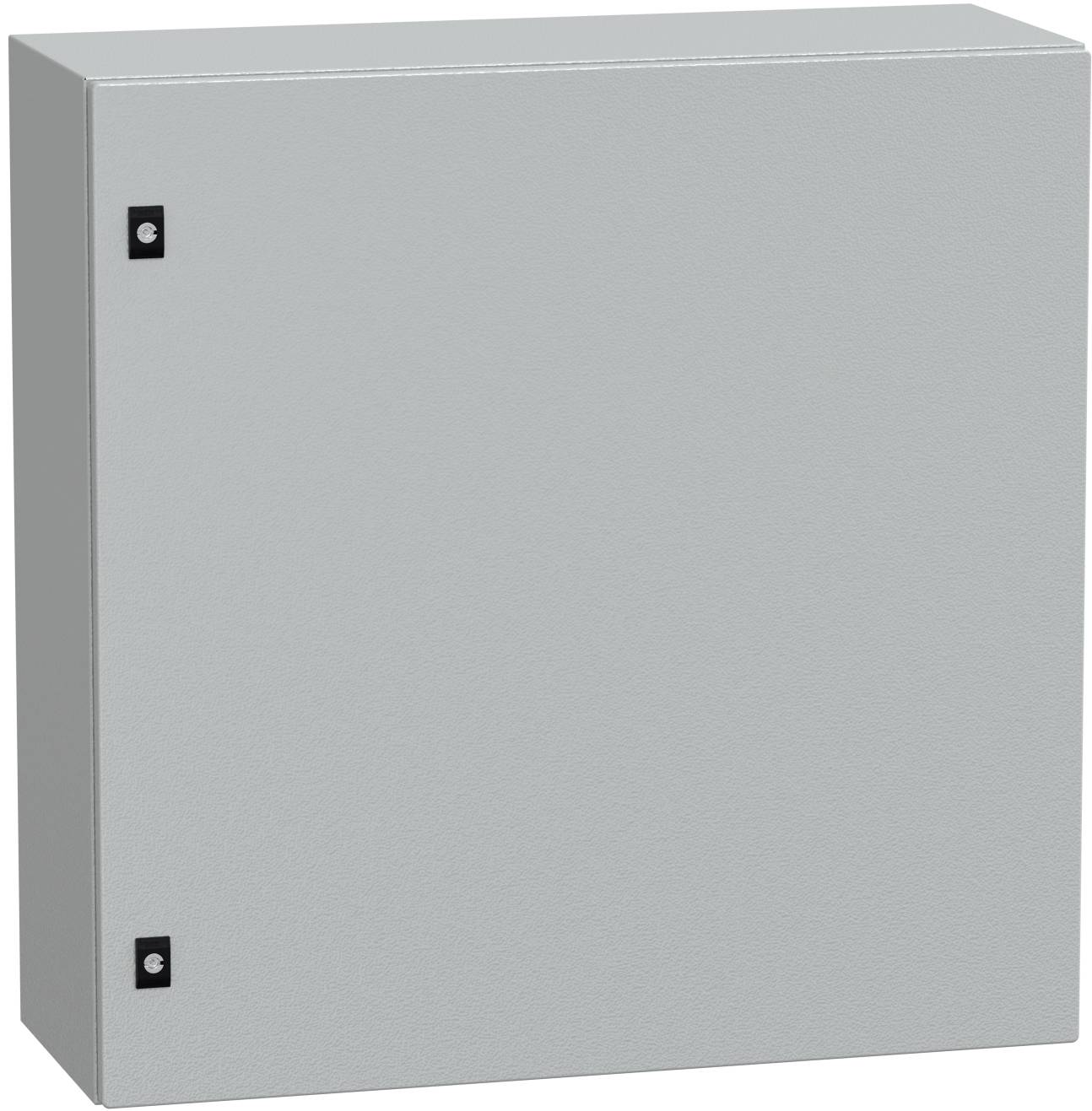 Ein geschlossener hellgrauer Metallschrank oder elektrisches Gehäuse mit zwei schwarzen Scharnieren auf der linken Seite.