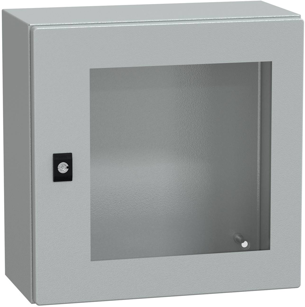 Grauer Metallwandschrank mit Glastür und kleinem Schloss, geschlossen dargestellt.