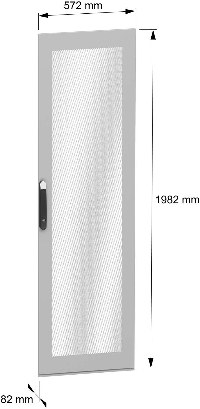 Vorderansicht eines hohen rechteckigen Türpanels mit Griff, mit beschrifteten Abmessungen 1982 mm Höhe, 572 mm Breite und 82 mm Tiefe.