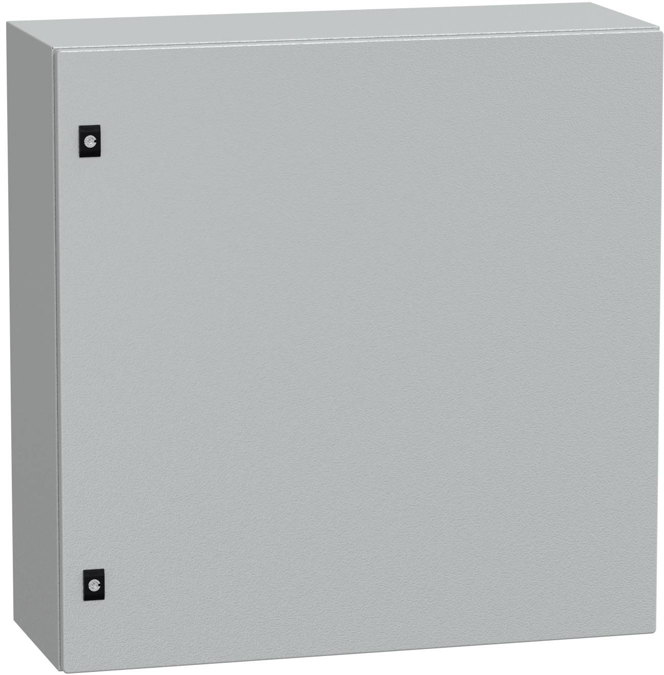 Graue Metallschranktür für Elektroverteilungen mit zwei kleinen schwarzen Riegel-Griffen auf der linken Seite.