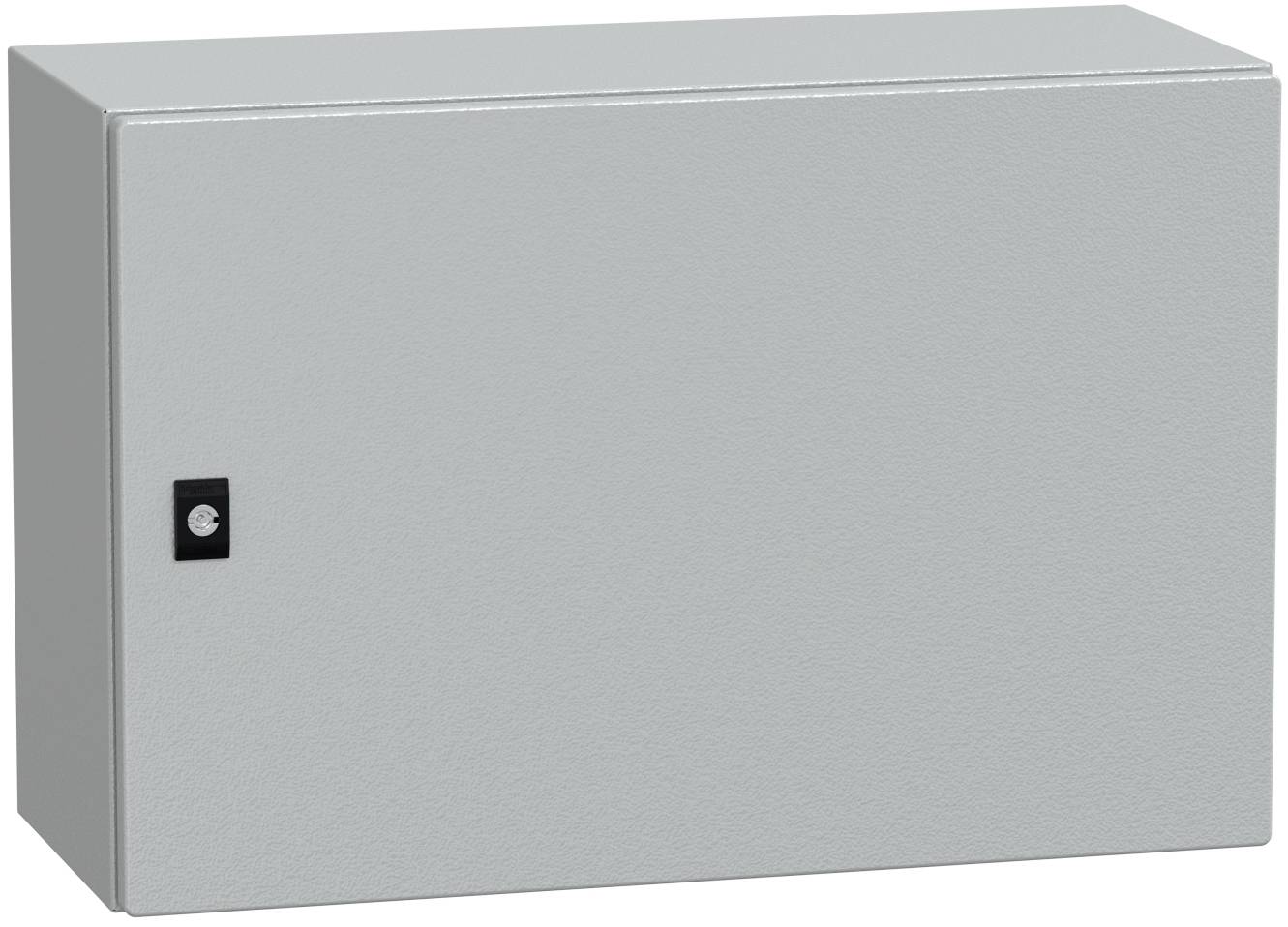 Grauer, wandmontierter Metall-Elektro- oder Lagerschrank mit einem kleinen schwarzen Riegel auf der linken Seite.