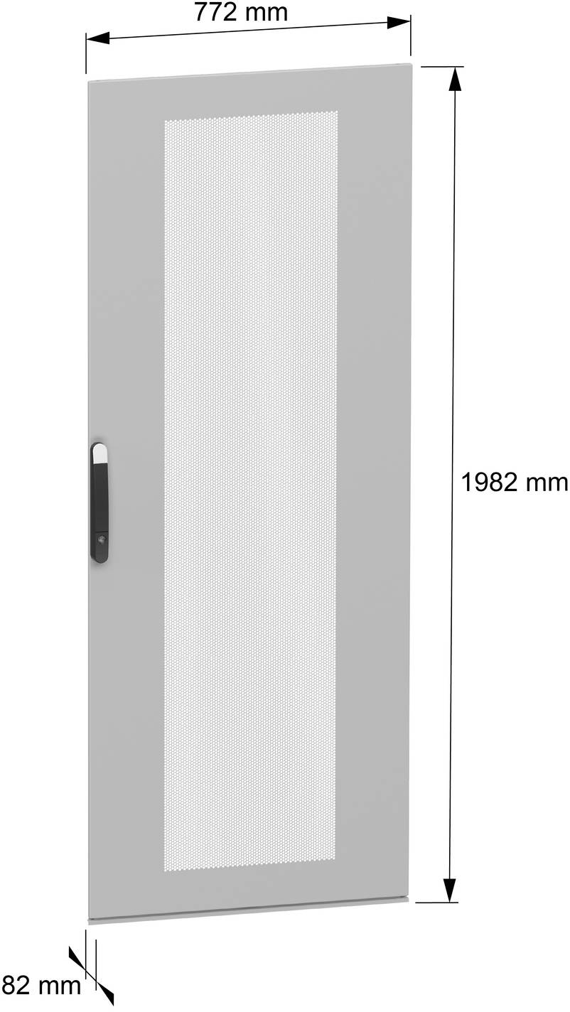 Einzelne graue Tür mit Milchglaspaneel und Griff, dargestellt mit Abmessungen von 772 mm Breite, 1982 mm Höhe und 82 mm Tiefe.