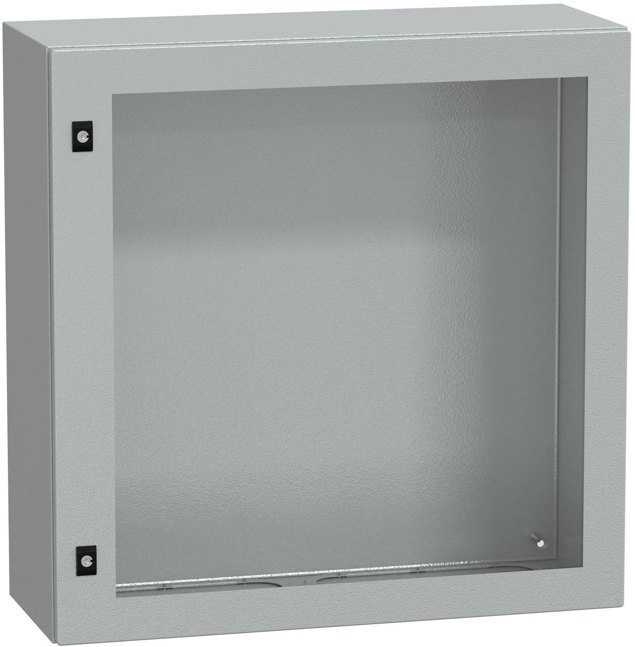 Grauer Metallschrank zur Wandmontage mit großer klappbarer Vordertür und kleinen schwarzen Riegelreglern auf der linken Seite.