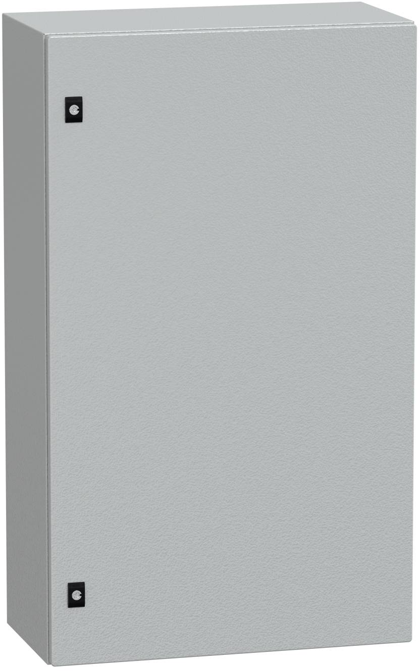 Geschlossener grauer Metalllagerschrank oder elektrischer Schaltschrank mit einer einfachen Tür und zwei sichtbaren Scharnieren