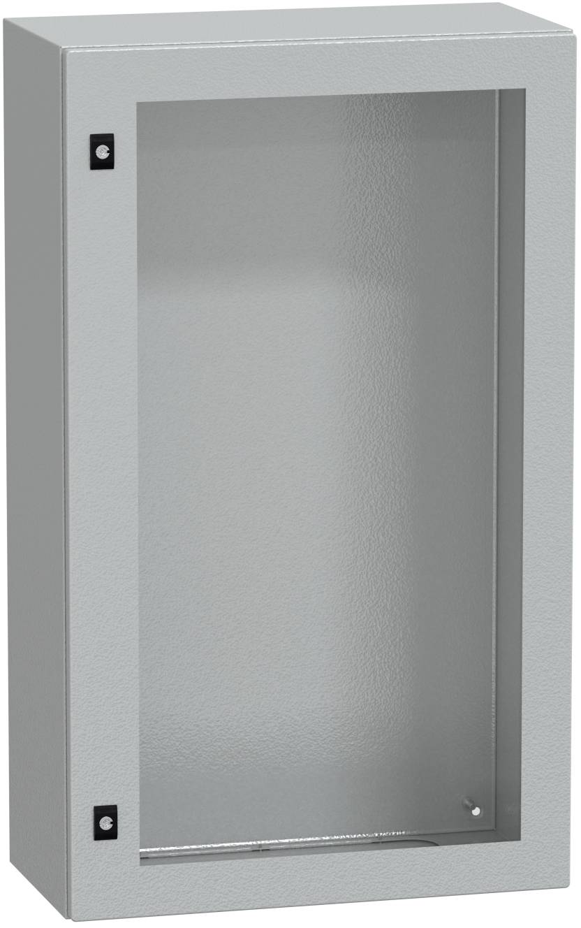Grauer Metallwandschrank mit Glastür, geschlossen dargestellt und hochkant montiert.