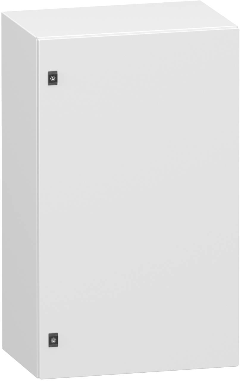 Weißes Metall-Elektroschrank oder Lagerschrank mit glatter Vordertür und kleinen Verschlussgriffen auf der linken Seite.