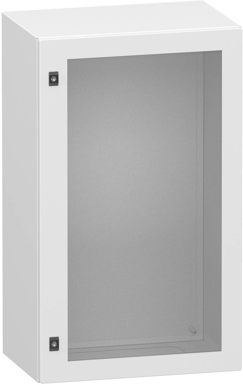 Weißer an der Wand montierter Elektroschrank mit grauer Frontür und zwei sichtbaren Scharnieren.