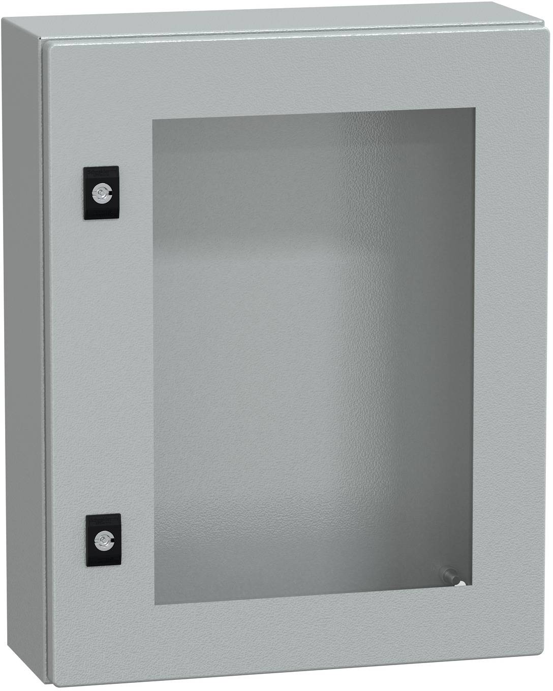 Grauer Metallwandschrank mit Glastür und zwei schwarzen Scharnieren, geschlossen vor weißem Hintergrund dargestellt.