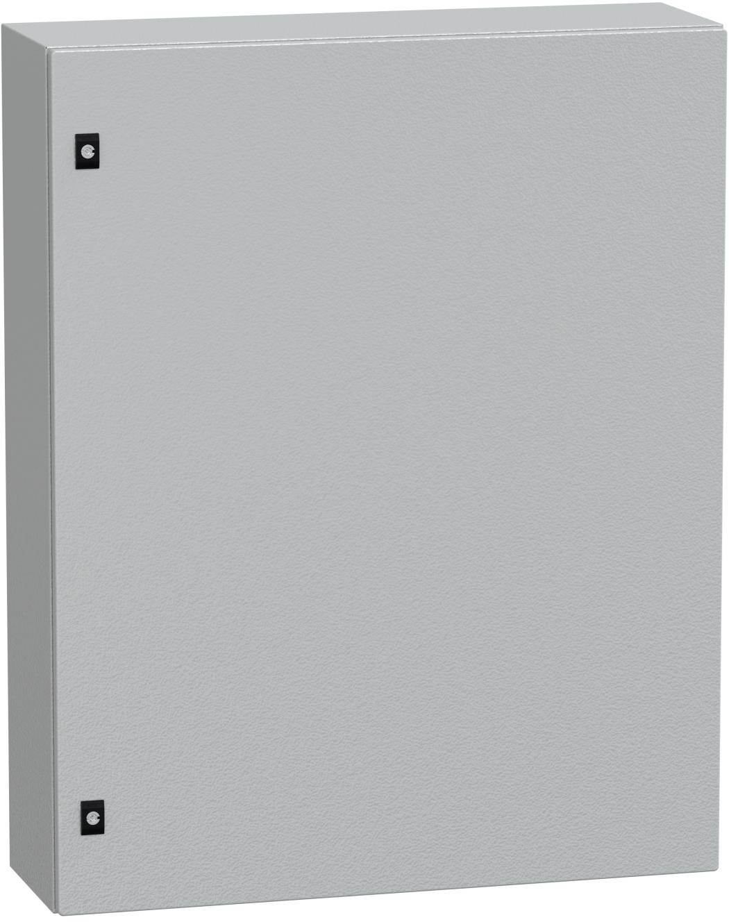 Türe eines Elektroschaltkastens aus glänzendem Silbermetall mit zwei schwarzen Scharnierbeschlägen auf der linken Seite.