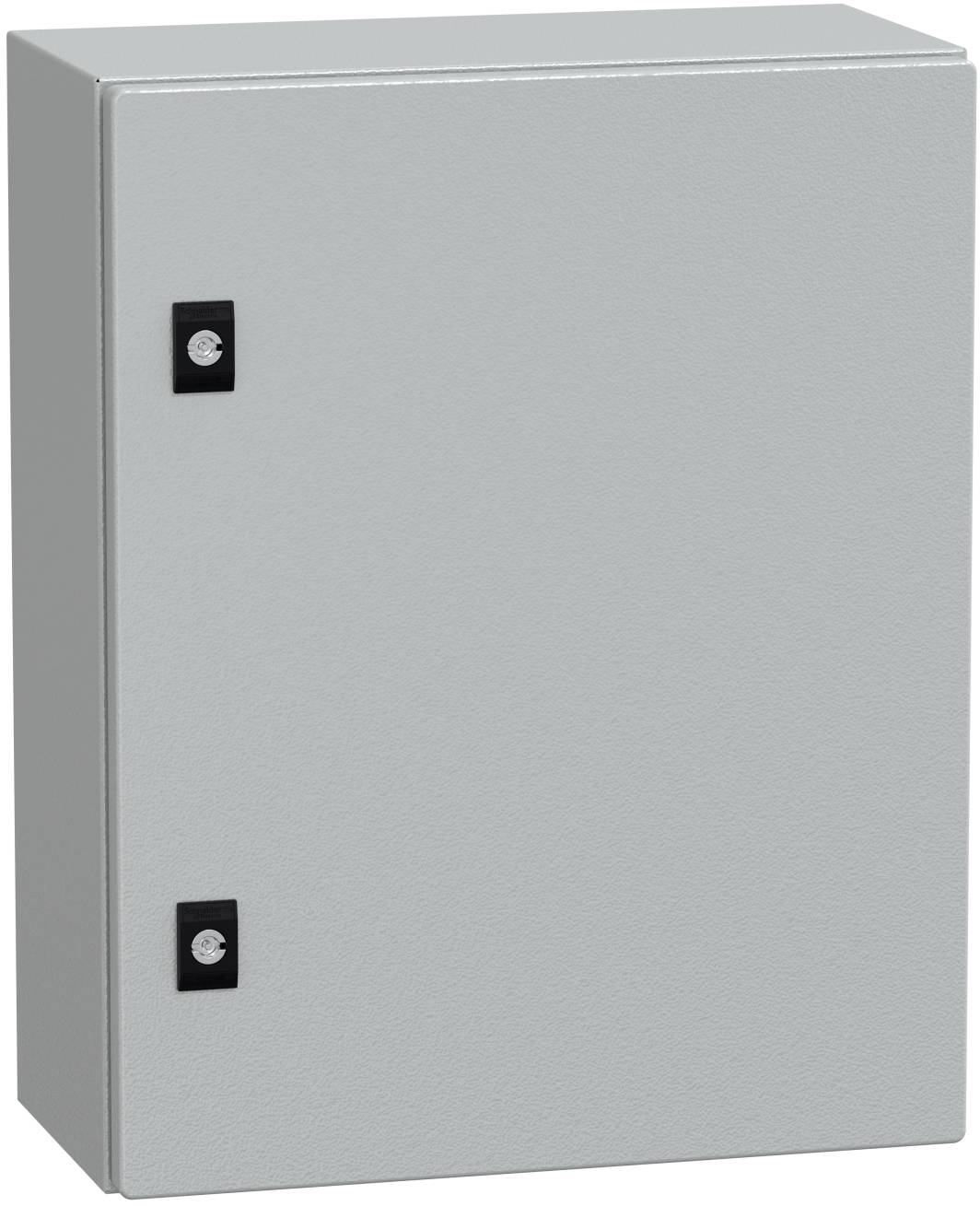 Grauer Metall-Elektroschrank mit zwei schwarzen Verschlüssen an der Vorderseite, geschlossen vor einem einfachen weißen Hintergrund gezeigt.