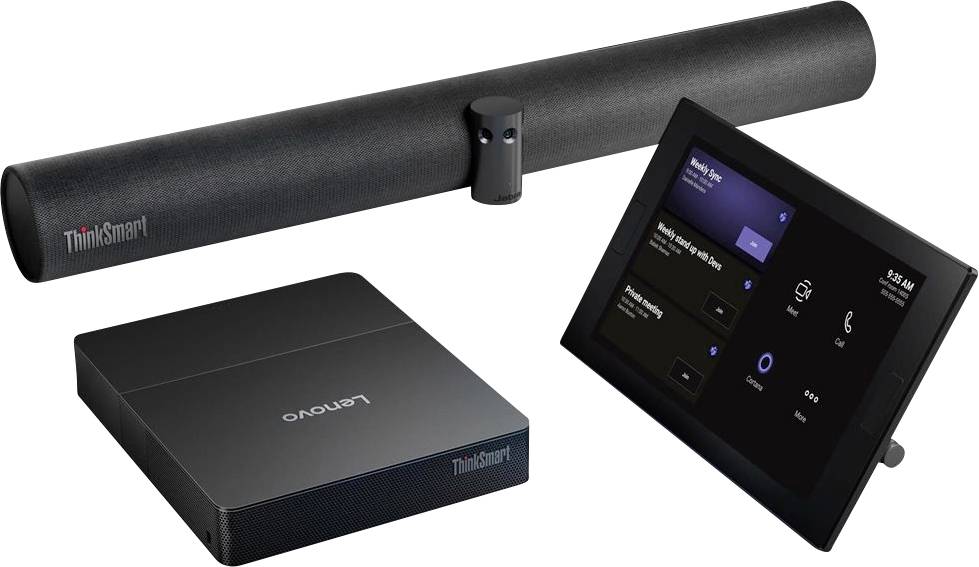 Lenovo ThinkSmart Video-Konferenzset mit Soundbar, Basiseinheit und Touchscreen-Bedienfeld auf weißem Hintergrund dargestellt.