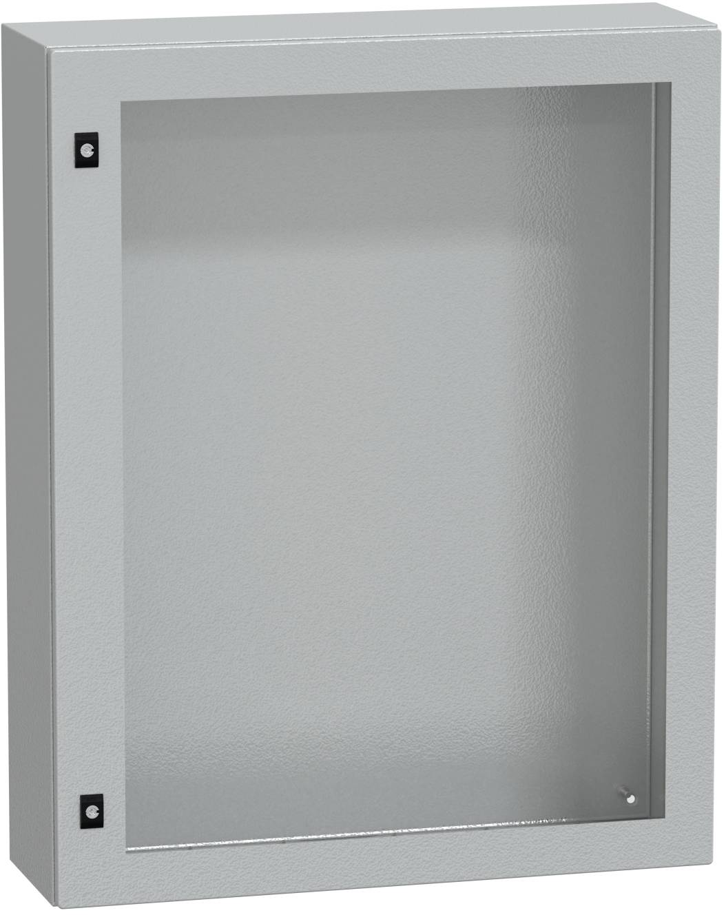 Grauer Metallwandschrank mit mattierter Glastür und zwei kleinen schwarzen Verschlüssen auf der linken Seite.