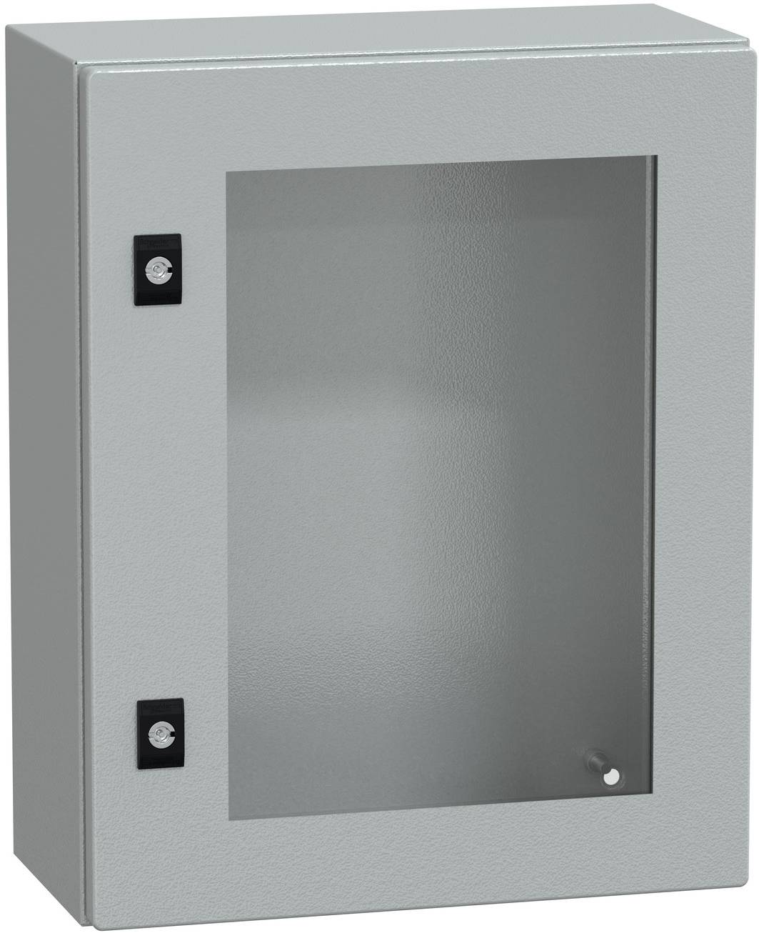 Grauer Metallwandschrank mit Glastür und zwei schwarzen Scharnieren, geschlossen dargestellt.